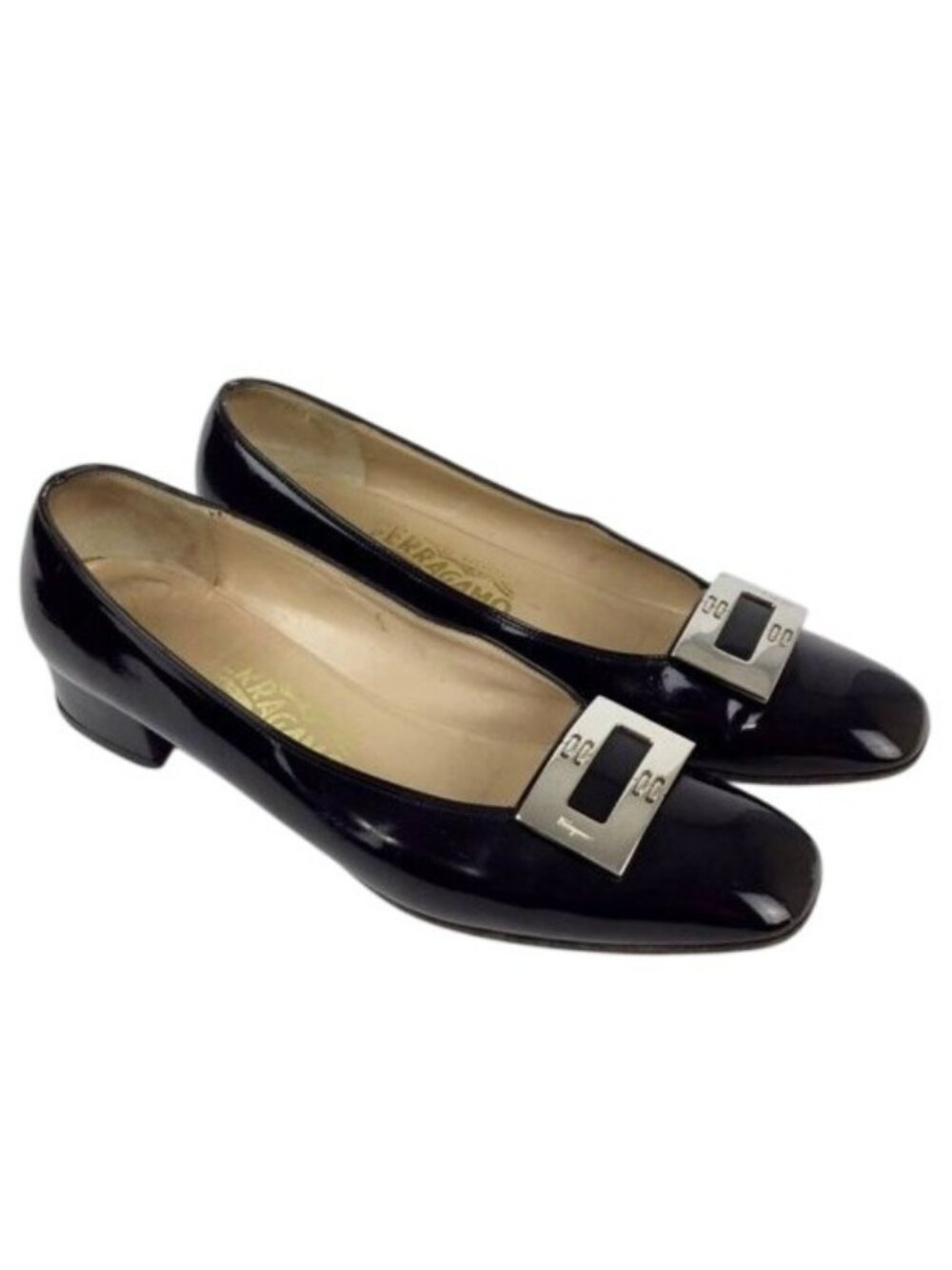 Salvatore Ferragamo Black Patent Leather Silver Buckle Pumps 8 AA Narrow